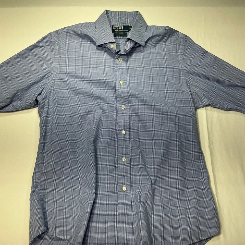 Polo by Ralph Lauren Regent Custom Fit Plaid Dress Shirt Blue Mens Size‎ 16-34